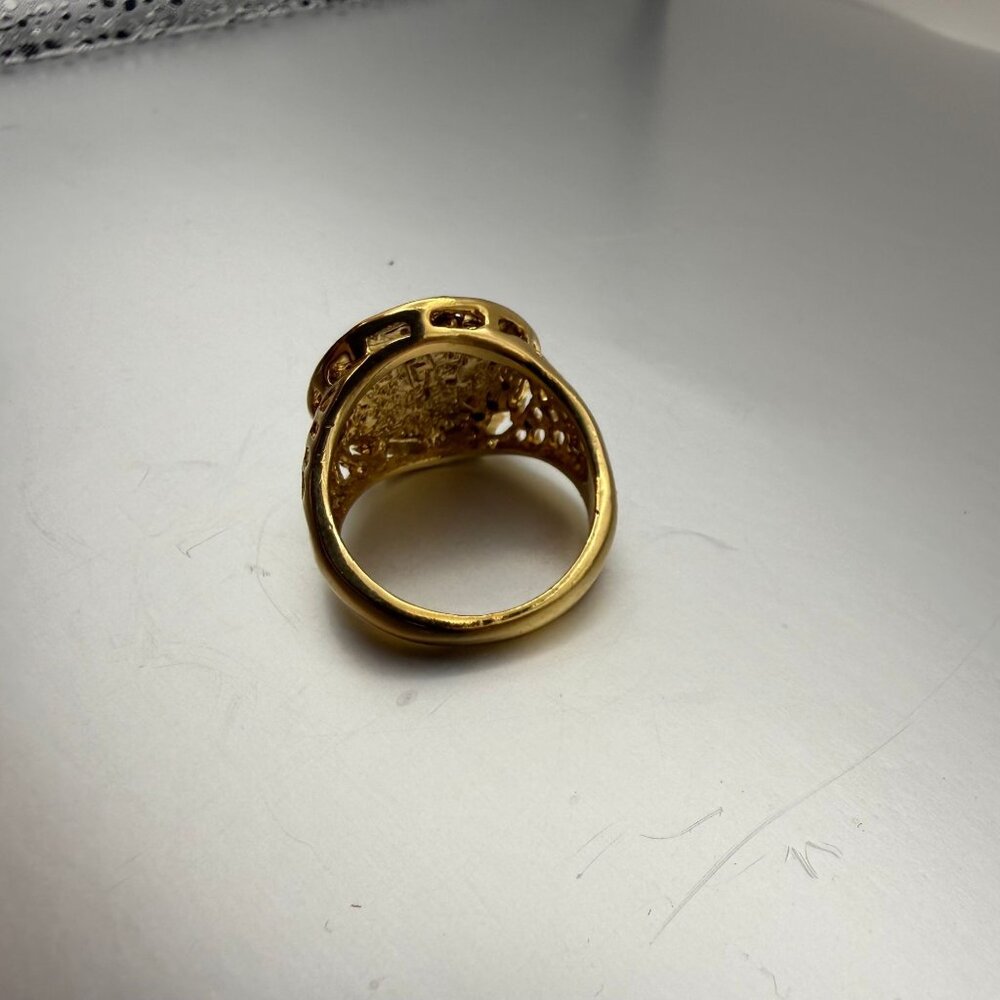 Bold Gold Tone Rhinestone Starburst Signet Ring Size 12 | Vintage Patina Stateme - Picture 5 of 11